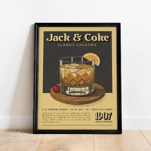 Jack and Coke Cocktail Print, Jack and Coke Cocktail Poster | Bar Cart Prints | Vintage Cocktail Art Bar Accessories for Home Bar Cart