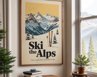 The Alps Ski Poster, Retro Ski Poster | Vintage Ski Poster | Alpine Decor for Skiers