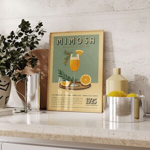 Mimosa Cocktail Print, Mimosa Cocktail Poster, Bar Wandkunst, Klassische Bar Warenkorb Kunstdrucke, Retro Cocktail Print, Bar Zubehör