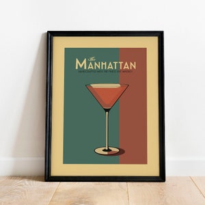 Impresión de cócteles de Manhattan, póster de cócteles de Manhattan, arte de pared de bar, impresiones de arte de carritos de bar clásicos, impresión de cócteles retro, accesorios de carritos de bar
