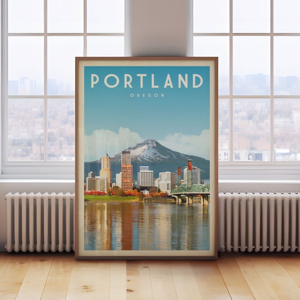 Portland Bridges Poster, Portland Neighborhood Wall Art, Portland Oregon Mount Hood Print, Vintage Portland Oregon Wall Decor, Portland Gift