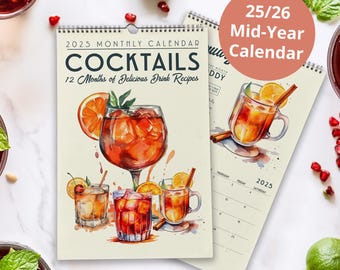 2025 - 2026 Cocktail Recipe Wall Calendar, Vintage Alcohol Calendar | Mid Year Calendar | Monthly Calendar Planner for Bar Cart Gift