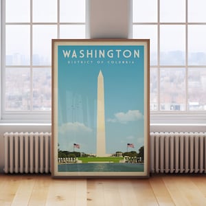 Washington DC vintage art print, Washington DC kunst aan de muur decor, retro Washington DC poster housewarming cadeau, skyline Washington Monument