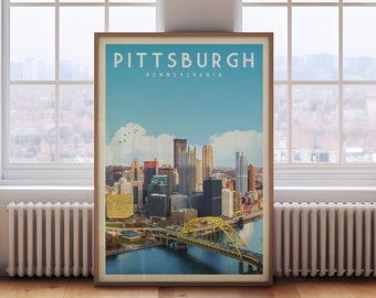 Pittsburgh Wall Art Print, Pittsburgh Retro Travel Poster, Pittsburgh Skyline Art, Pittsburgh Gift, Pennsylvania Vintage Home Decor