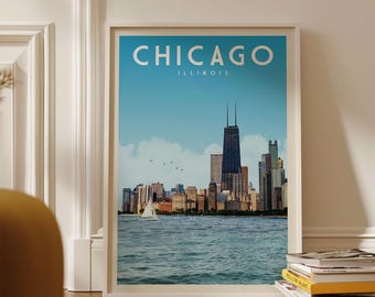 Chicago Skyline Travel Poster Wall Art Print, Chicago Illinois Vintage Housewarming Travel Gift, Retro Chicago Neighborhood Home Decor