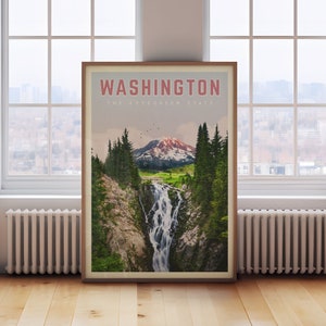 Washington State Wall Art, Washington State Travel Poster, Washington State Print, Washington State Map, Mount Rainier, Washington Gift