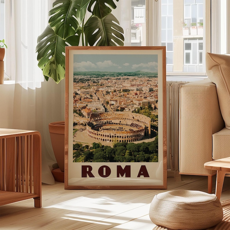 a framed poster of the Colosseum in Rome, Italy, with the word "ROMA" prominently displayed.