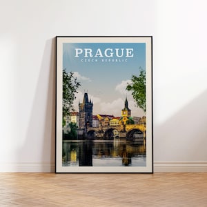 Praagse kunstafdruk, Karelsbrug Praag-poster, Praagse muurkunst | Vintage reisposter | Afdruk skyline van Praag voor woondecoratie op reis