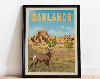 Badlands Wall Art, Badlands Art Print, National Park Print | Vintage National Park Poster | Unique Hiking Gift for National Park Lover