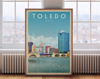 Toledo Vintage Wall Art, Toledo Ohio State Poster, Toledo Skyline Print, Retro Canvas Home Decor, Toledo Ohio Gift