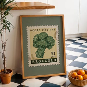Vintage Brokkoli Poster, Italienisches Essen Kunstdruck | Retro Küche Poster | Retro Stempel Poster, trendige Küchenkunst, Essen Geschenkideen