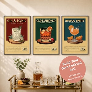 Set of 3 Cocktail Prints, Choose Any Vintage Cocktail Posters, Home Bar Wall Art Bundle, Bar Cart Decor