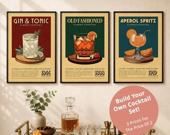 Set of 3 Cocktail Prints, Choose Any Vintage Cocktail Posters, Home Bar Wall Art Bundle, Bar Cart Decor