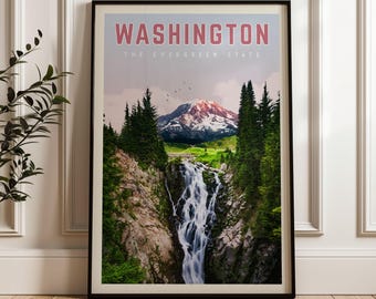 Washington State Wall Art, Washington State Travel Poster, Washington State Print, Washington State Map, Mount Rainier, Washington Gift