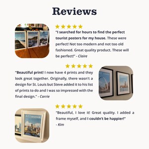 The image is a collage of three images featuring posters of St. Louis, with positive reviews from people who have purchased and used the posters.