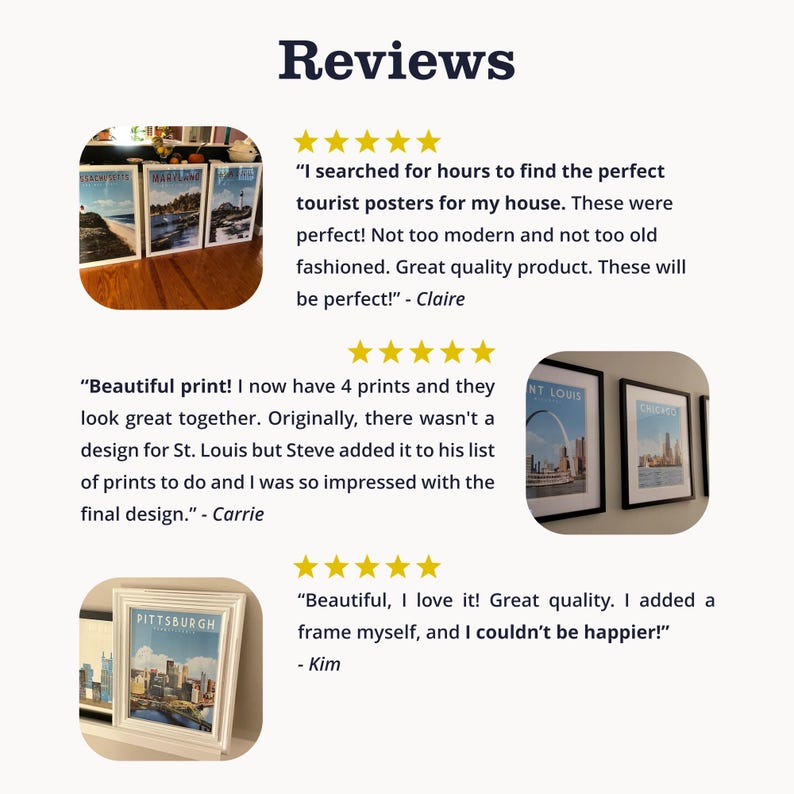 The image is a collage of three images featuring posters of St. Louis, with positive reviews from people who have purchased and used the posters.
