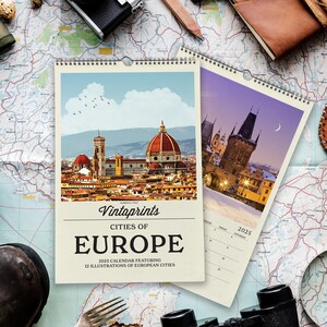 2025 Europa Reisewandkalender, Vintage Europa Reiseplakatkalender | 2025 Wandkalender | Retro Art Kalender für World Traveler