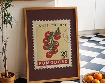 Pôster retrô de tomate, arte de cozinha italiana | Impressão retrô de cozinha | Decoração de tomate-cereja Pomodoro, arte de cozinha moderna, presente de comida vintage