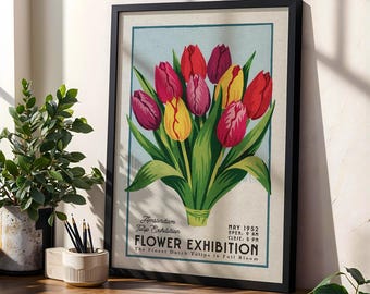 Flower Market Tulips Print, Retro Amsterdam Flower Art | Flower Market Print | Colorful Vintage Botanical Art, Bold Floral Poster