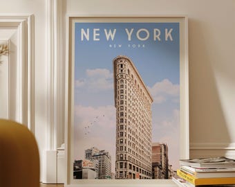 New York Poster, Flat Iron New York Skyline Print, NYC Wall Art Decor | Vintage Travel Poster | Retro New York Art for New Yorker
