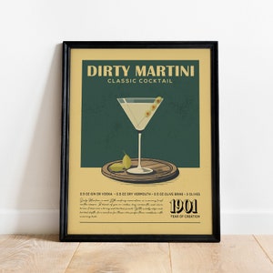 Dirty Martini Cocktail Print, Retro Dirty Martini Cocktail Poster | Bar Cart Prints | Vintage Bar Cart Decor for Home Bar Cart