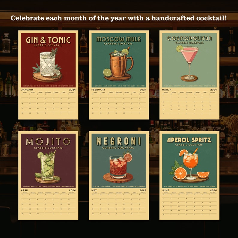 2024 Cocktail Art Wall Calendar, Vintage Alcohol Calendar 2024 Wall Calendar Retro Bar Cart Art Prints Calendar for Home Bar Accessories image 5