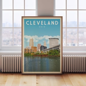 Decoración de Cleveland, póster de viaje a Cleveland, arte mural del estado de Ohio de mediados de siglo, impresión del horizonte de Cleveland, obra de arte digital de Cleveland