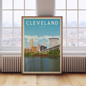 Cleveland Decor, Cleveland Travel Poster, Mid Century Ohio State Wall Art, Cleveland Skyline Print, Cleveland Digital Artwork