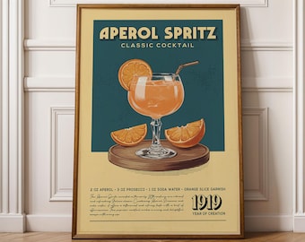 Lámina de Aperol Spritz, Póster de Aperol Spritz, Arte de pared clásico para bar de cócteles, Láminas para carrito de bar, Lámina de cóctel retro, Accesorios para carrito de bar