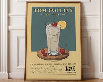 Lámina de cóctel Tom Collins, póster de cóctel Tom Collins / láminas para carrito de bar / póster vintage de bebidas alcohólicas para carrito de bar doméstico