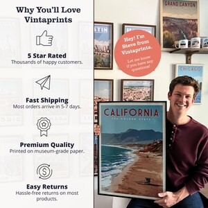 a man holding a framed poster of California, with a list of reasons why people might love Vintaprins.