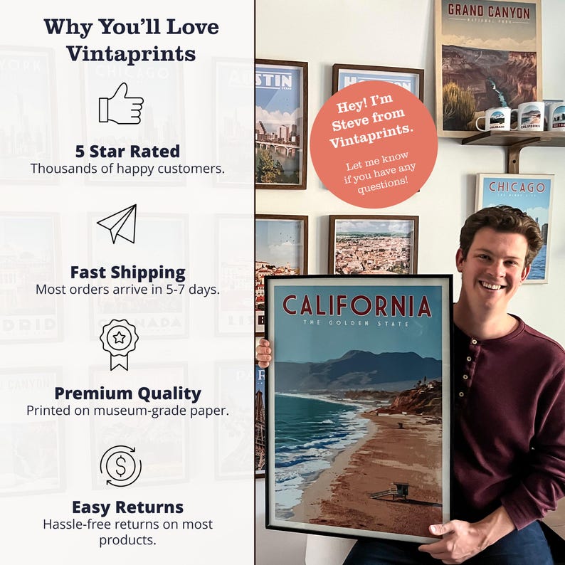 a man holding a framed poster of California, with a list of reasons why people might love Vintaprins.