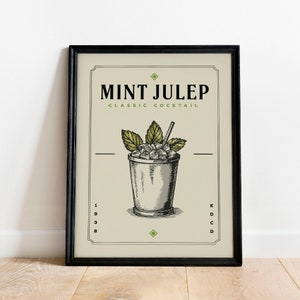 Wydruk koktajlu Mint Julep, plakat koktajlu Mint Julep | Wydruki na wózki barowe | Plakat koktajlowy w stylu vintage do dekoracji domowych wózków barowych