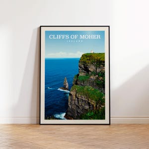 Cliffs of Moher, Ierland poster, Ierland reisafdruk, Ierland kunst aan de muur | Vintage reisposter | Ierland wanddecoratie voor Ierse cadeaus