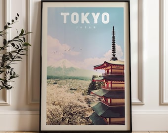 Póster de viaje a Tokio, Japón, lámina de templos de Tokio, regalo de arte mural del Monte Fuji