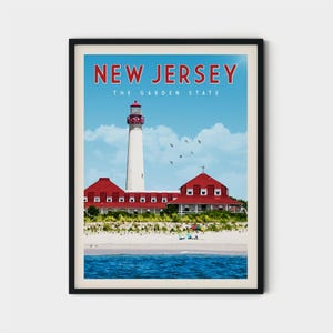 Póster de viaje de Nueva Jersey, impresión artística de Nueva Jersey, regalo de Nueva Jersey, arte de pared de Nueva Jersey, decoración del hogar de Nueva Jersey, lienzo retro de Nueva Jersey