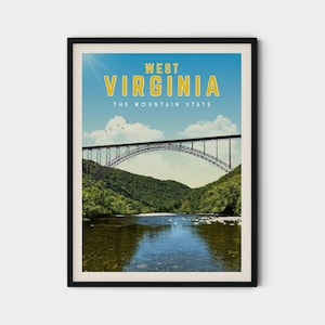 Cartaz de viagem vintage da Virgínia Ocidental, arte de parede retrô da Virgínia Ocidental, presentes de lembrança do estado da Virgínia Ocidental, decoração de parede com impressão da Virgínia Ocidental