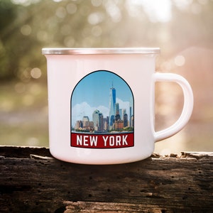 Kubek emaliowany New York, Kubek kempingowy, Kubek emaliowany z odznaką New York, Metalowy kubek na ognisko, Retro kubek do kawy, Pomysł na prezent pamiątkowy z Nowego Jorku