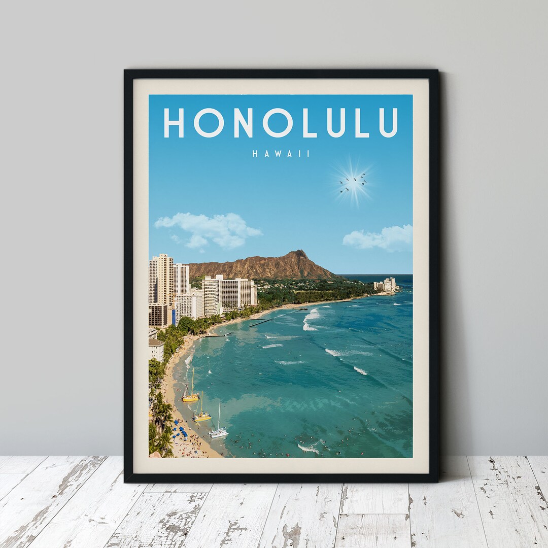 Honolulu Skyline Art Print Honolulu Vintage Poster Hawaii Etsy