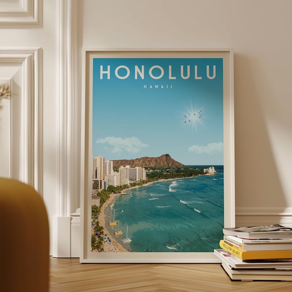 Honolulu Skyline Art Print, Honolulu Vintage Poster, Hawaii Wall Art, Hawaii Art Print, Hawaii Travel Poster, Surf Board Wall Art Print