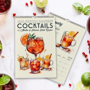 mural de recettes de cocktails 2025, calendrier vintage avec alcool | Calendrier mural 2025 | Agenda mensuel pour chariot de bar