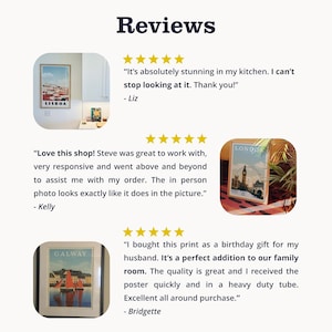 three reviews of a shop, each with a different image of a poster or artwork. The reviews are positive, with the customers expressing their satisfaction with the products and the overall shopping experience.