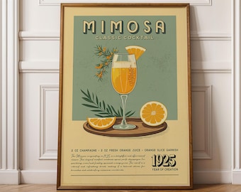 Lámina de cóctel Mimosa, Póster de cóctel Mimosa, Arte para pared de bar, Láminas de arte clásicas para carrito de bar, Lámina de cóctel retro, Accesorios de bar