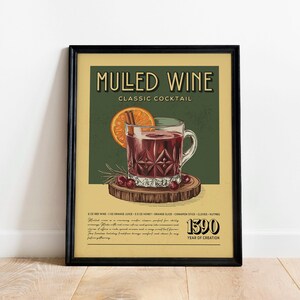 Wydruk koktajlu z grzanym winem, plakat koktajlowy z grzanym winem w stylu retro | Wydruki na wózki barowe | Sztuka ścienna do kuchni w stylu vintage do wózka barowego