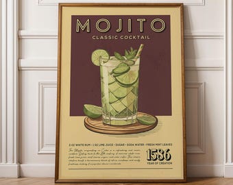 Stampa del cocktail Mojito, Poster del cocktail Mojito, Decorazione murale per bar, Stampe artistiche classiche per carrello bar, Stampa di cocktail retrò, Accessori per carrello bar