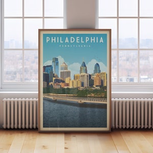 Arte de pared con el horizonte de Filadelfia, impresión de decoración de pared con los vecindarios de Filadelfia, lindo póster de arte de Filadelfia como regalo, póster de viaje del estado de Pensilvania