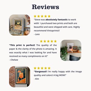 three reviews of a product, specifically a VintaPrints product, with a total of five stars. The reviews express satisfaction with the product, describing it as "fabulous," "perfect," and " Gorgeous!" The reviews also mention the quality of the paper and the photo, as well as the customer's happiness with the image quality and colors.