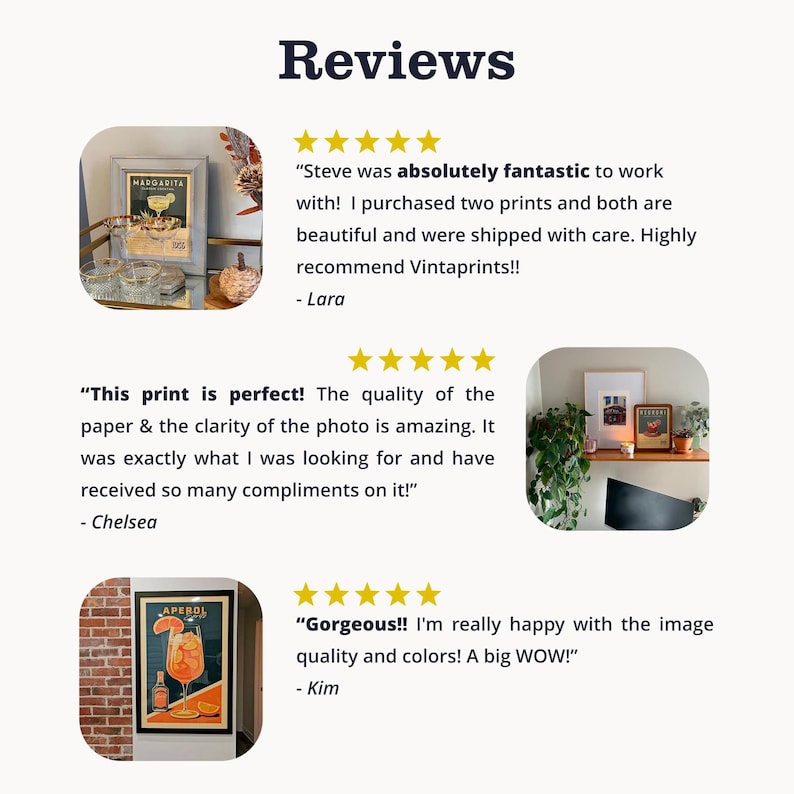 three reviews of a product, specifically a VintaPrints product, with a total of five stars. The reviews express satisfaction with the product, describing it as "fabulous," "perfect," and " Gorgeous!" The reviews also mention the quality of the paper and the photo, as well as the customer's happiness with the image quality and colors.