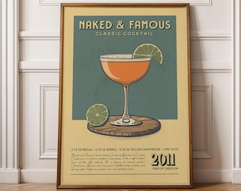 Lámina de cóctel Naked and Famous, póster de cóctel Naked and Famous / láminas para carrito de bar / accesorios de bar de arte vintage para carrito de bar doméstico