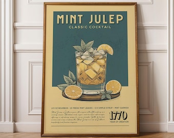 Mint Julep Cocktail Print, Mint Julep Cocktail Poster | Bar Cart Prints | Vintage Cocktail Recipe Poster for Bar Cart